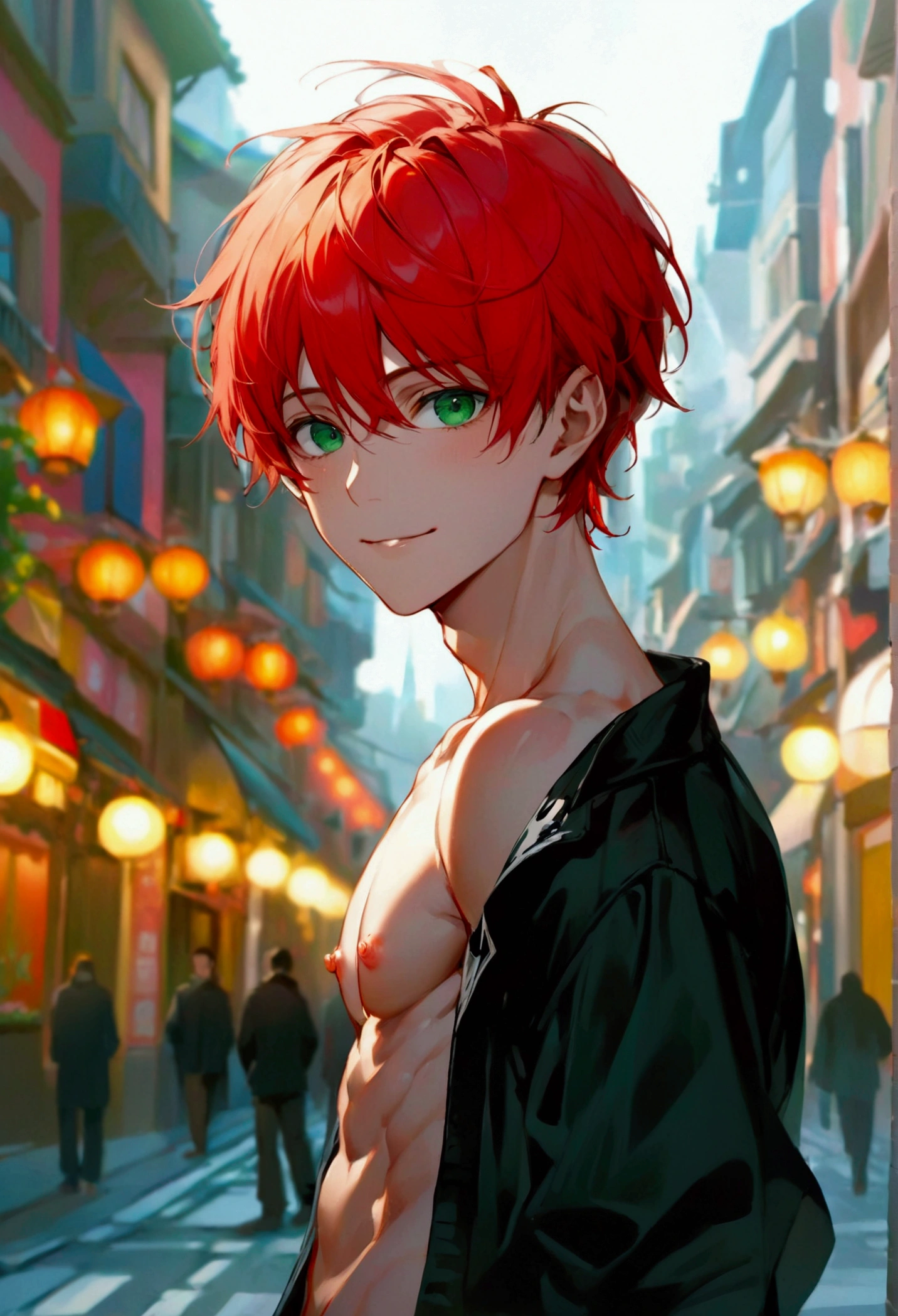 handsome 18 years old 1 boy with red medium hair and lower short ponytail, green eyes, male, muscles, standing on the European city street, nude, nipples, erection, detailed penis, beautiful legs, smile, masterpiece, 8k, high quality, japanese animation style, full body, view from below