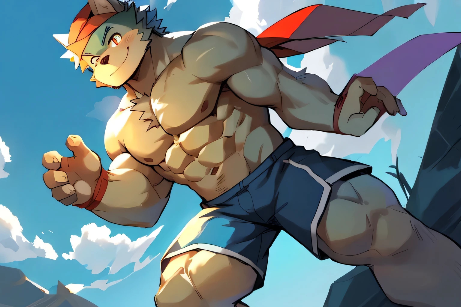 furry,Wolf Boy,Muscle Man,avatar,Half-length photo,Look directly into the camera,Red headscarf,noon,Blue sky and white clouds,Smile,Show off muscles,Topless,Blue shorts,Soft colors。