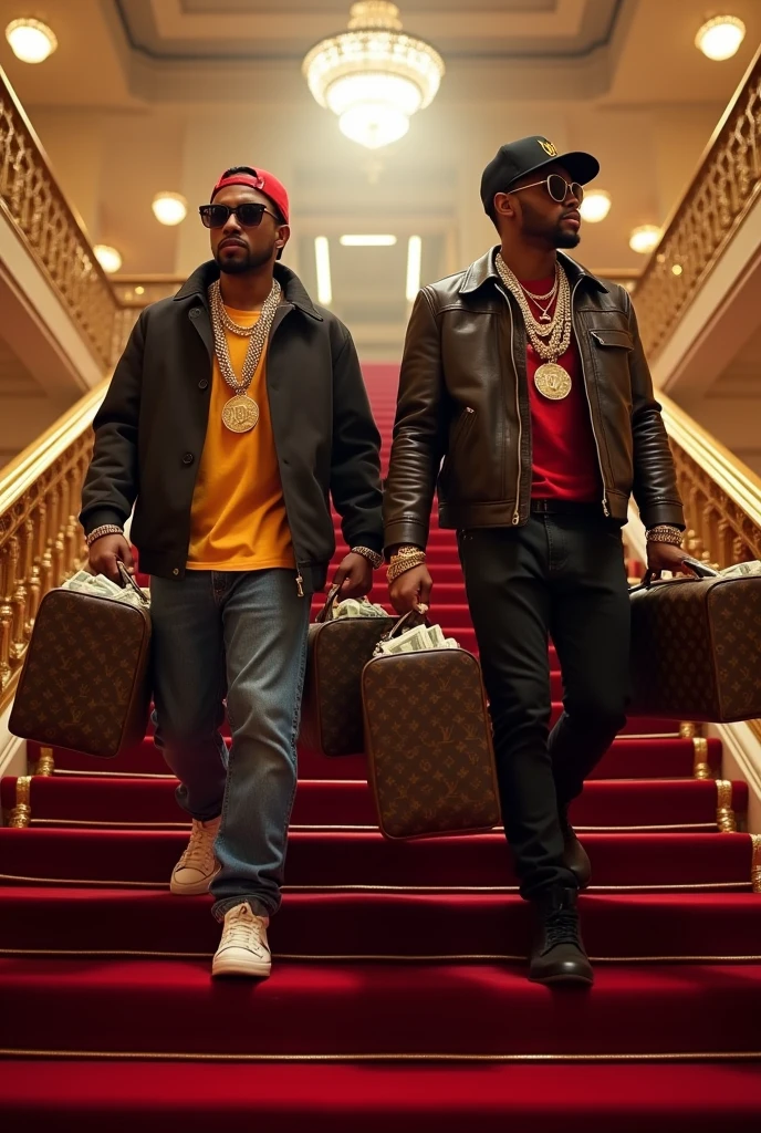 Two rappers with chains around their necks and 4 LV bags full of money climbing the stairs to success