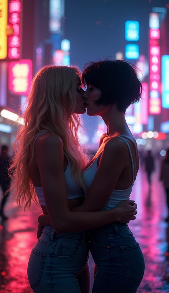 night、City、neon、Shading Effects, Gradient Magic Effect, Fog filter effect, Glitter effect, Graphics CG Digital Art, Two young women kissing, a woman with long blonde hair and a woman with short black hair