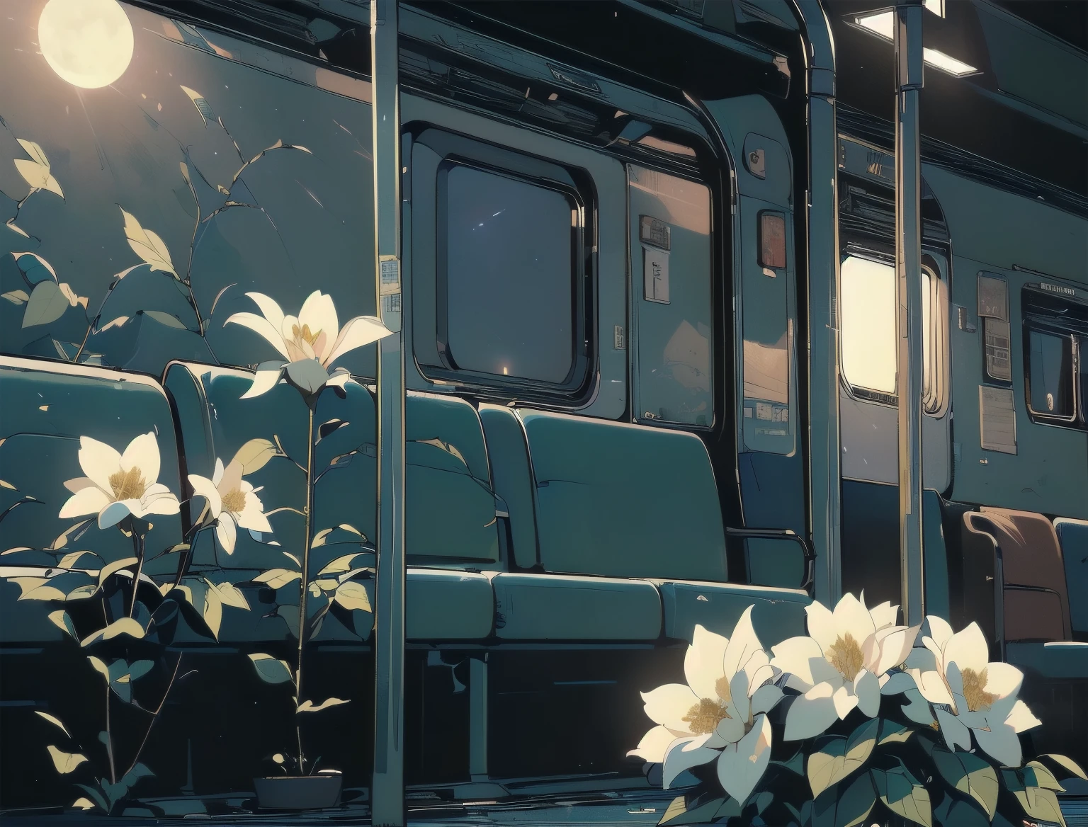 (((Masterpiece, top quality))), (((32K wallpaper))), ultra high resolution, gorgeous light leak, (((backlit))), highly detailed background, top quality, (((((no humans))))), Empty train, (((White flower))), (((( very dull color )))), ((((Detailed train seating))), (((Strong light shines in)))、(((night)))、(((moonlight)))