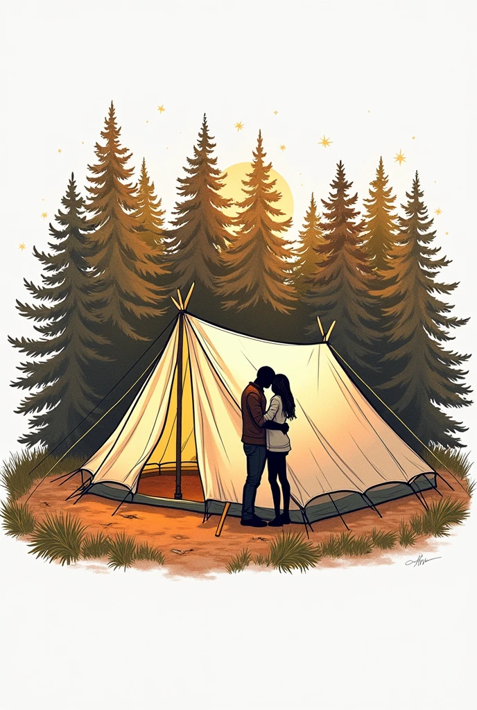 A camping tent set up at a campsite,Silhouettes of a man and woman hugging are reflected in the tent.,Realistic photos,