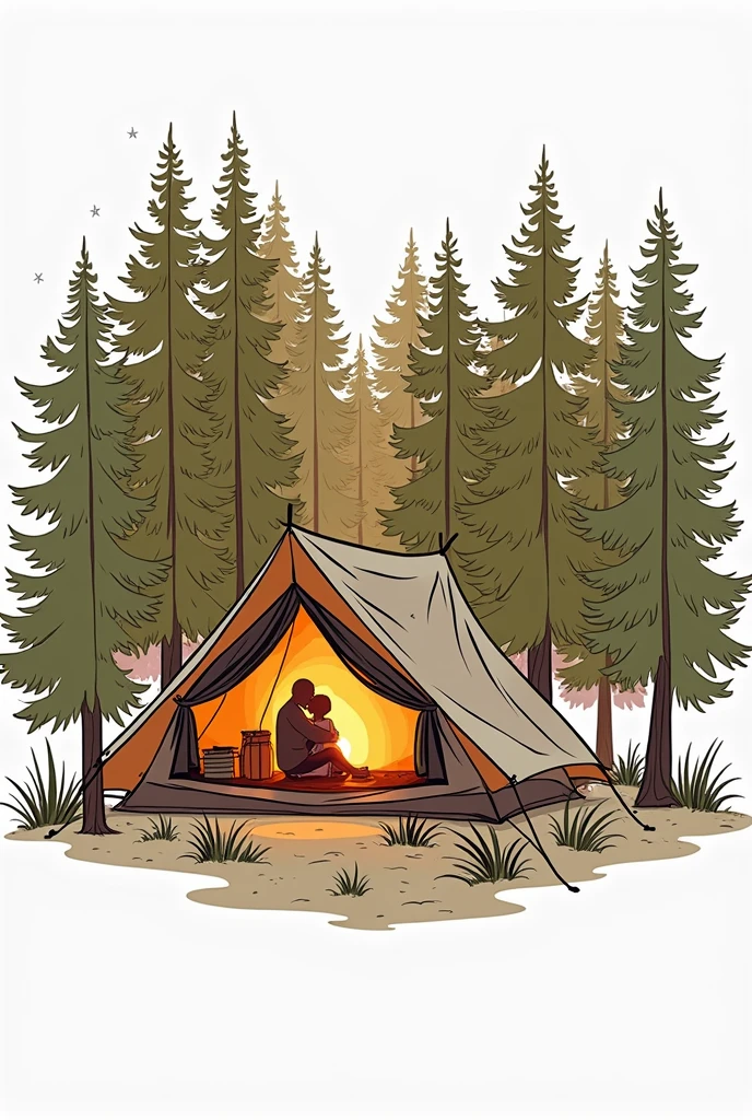 A camping tent set up at a campsite,Silhouettes of a man and woman hugging are reflected in the tent.,Realistic photos,