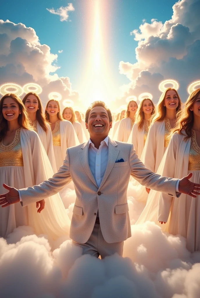 Create an image of the presenter Silvio Santos arriving in heaven and being embraced by angels.