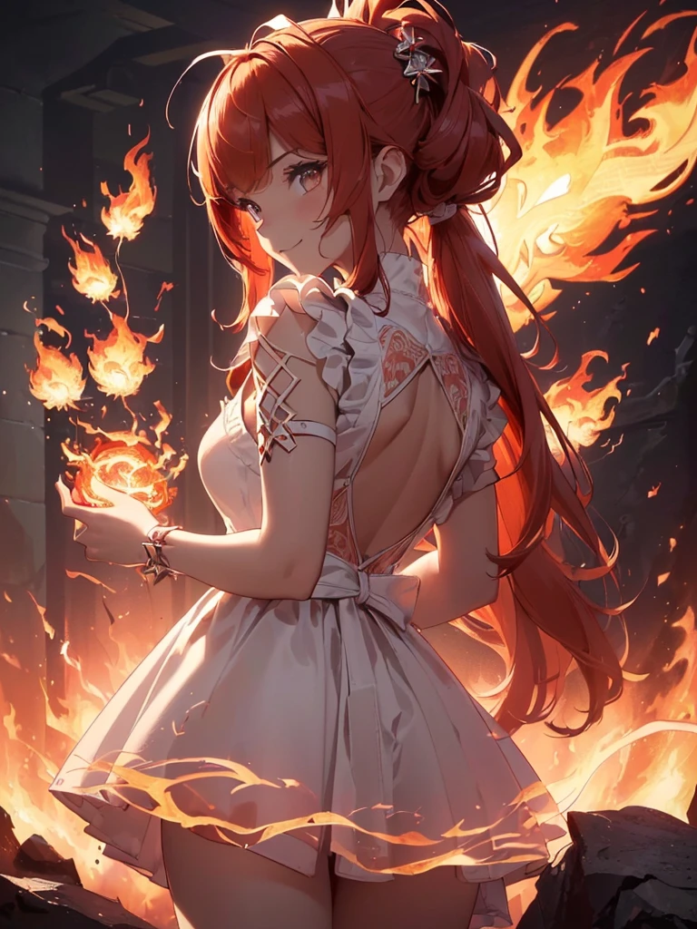 (((best quality, sharp image, clear image, cinematic lighting, 8k resolution, masterpiece, ultra detailed, intricate))) Girl, (((looking over left shoulder))), (shot from behind), ((half shot)), fiery red hair, pigtails, ((white dress)), ((flaming sigils, flaming runes)), spiky rock formations, (flaming lotus flowers frame), (intricate background), ((Phoenix)), (swirling flames), smiling
