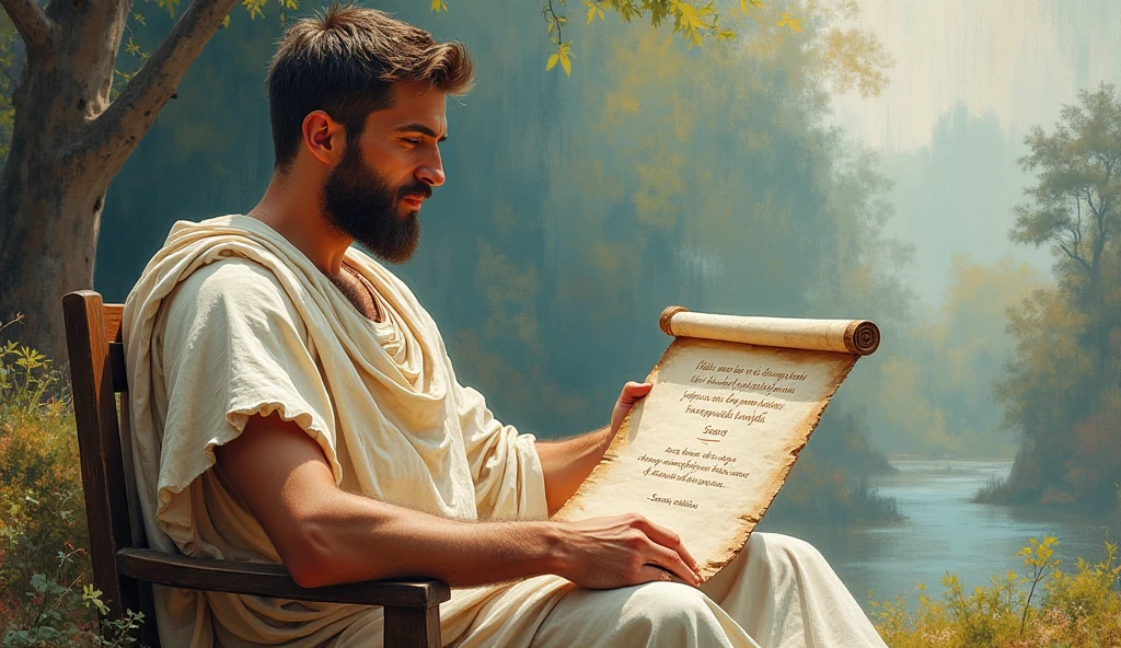 A male stoic philosopher with a well-proportioned and attractive physique, not excessively muscular. He is wearing classic tunics, slightly transparent, that gently drape over his body, subtly revealing parts of his shoulder, with a very short and well-groomed beard, and wavy, well-stylized hair. The philosopher is sitting calmly with a contemplative expression, holding a scroll with Seneca’s quote, ready to impart wisdom on accepting reality. The scene is set in a vibrant, impressionist landscape with rich colors and dynamic brushstrokes, creating a sense of movement and emotion. The background has a subtle texture that adds depth but complements the text without overpowering it.