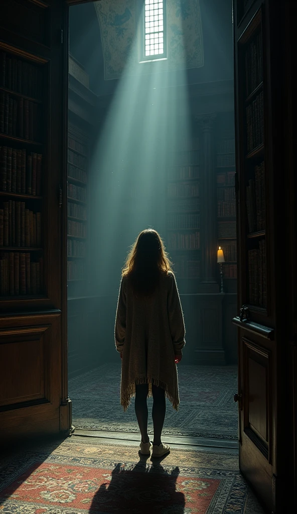 "The library is now pitch black, with the door and Emily no longer visible.