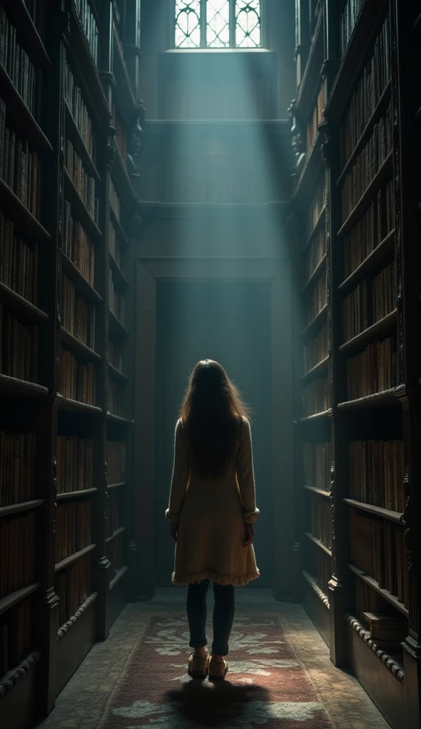 "The library is now pitch black, with the door and Emily no longer visible. 