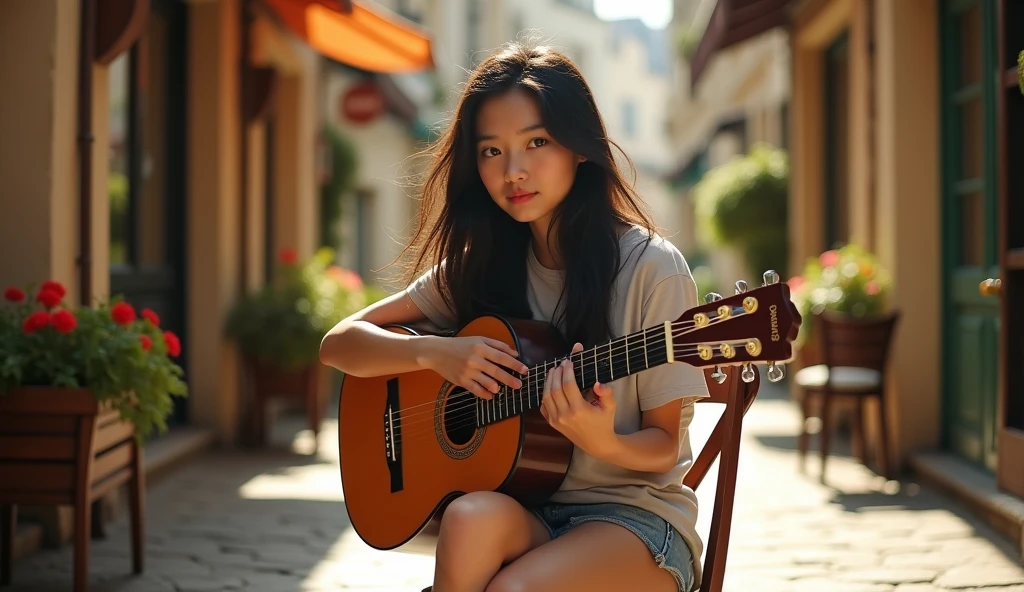 High resolution, Full body photography, full body sight, Beautiful Asian girl 16 year old inspired by Li Di, long black messy hair, wearing tshirt and nike running shoes, playing guitar in sitting in the chair of the Paris alley, In front of the old cafe. she is looking to camera.