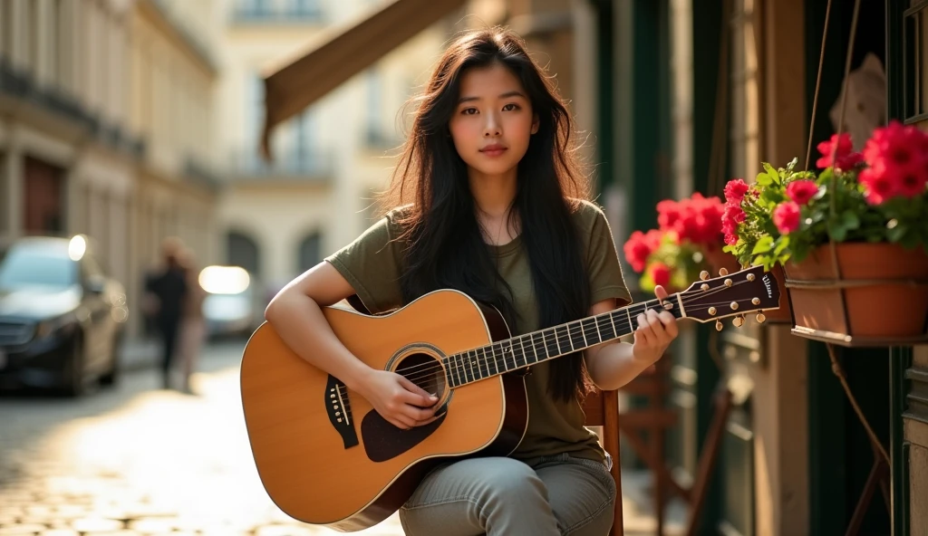 High resolution, Full body photography, full body sight, Beautiful Asian girl 16 year old inspired by Li Di, long black messy hair, wearing tshirt and nike running shoes, playing guitar in sitting in the chair of the Paris alley, In front of the old cafe. she is looking to camera.