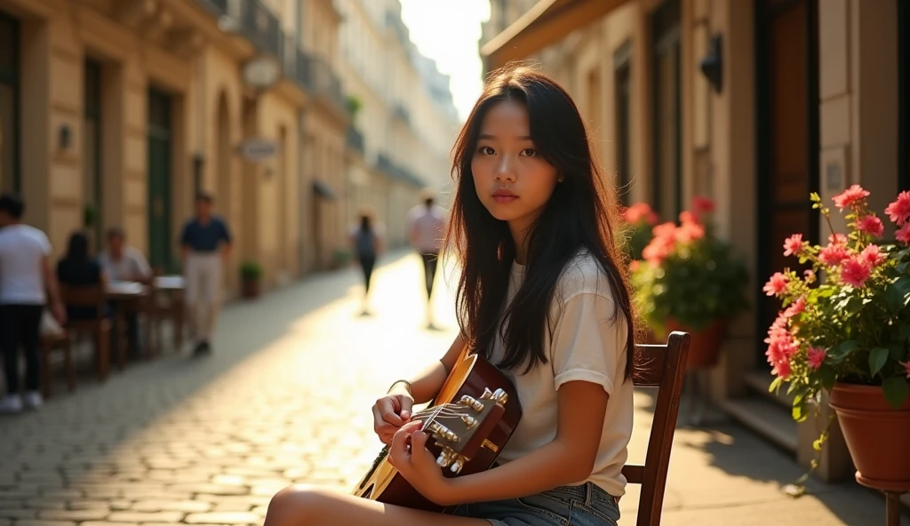 High resolution, Full body photography, full body sight, Beautiful Asian girl inspired by Li Di, long black messy hair, wearing tshirt and nike running shoes, playing guitar in sitting in the chair of the Paris alley, In front of the old cafe. she is looking to camera.