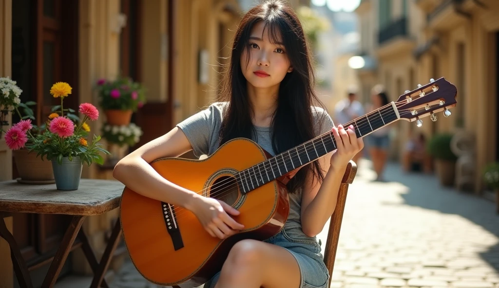 High resolution, Full body photography, full body sight, Beautiful Asian girl 16 year old inspired by Li Di, long black messy hair, wearing tshirt and nike running shoes, playing guitar in sitting in the chair of the Paris alley, In front of the old cafe. she is looking to camera.