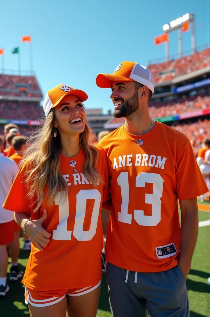 Woman wearing team apparel with partner