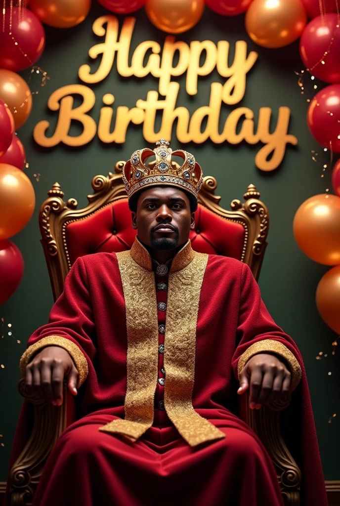 Sitting on a king chair with crown and happy birthday in back ground