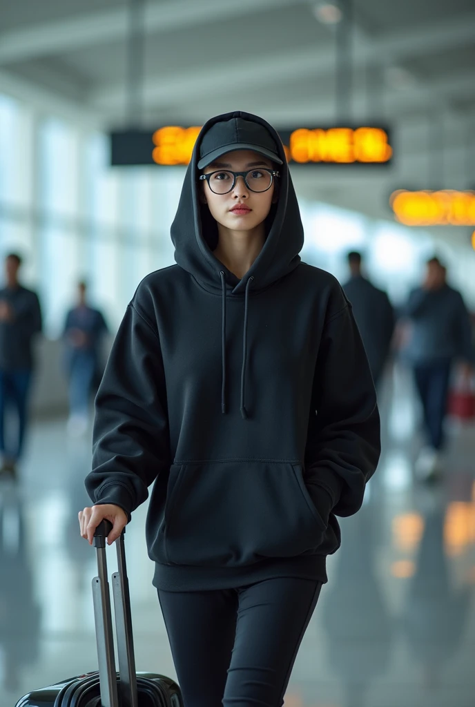 A Korean woman wears a black hoddy and wears a cap and wears glasses and is walking in the airport with a suitcase