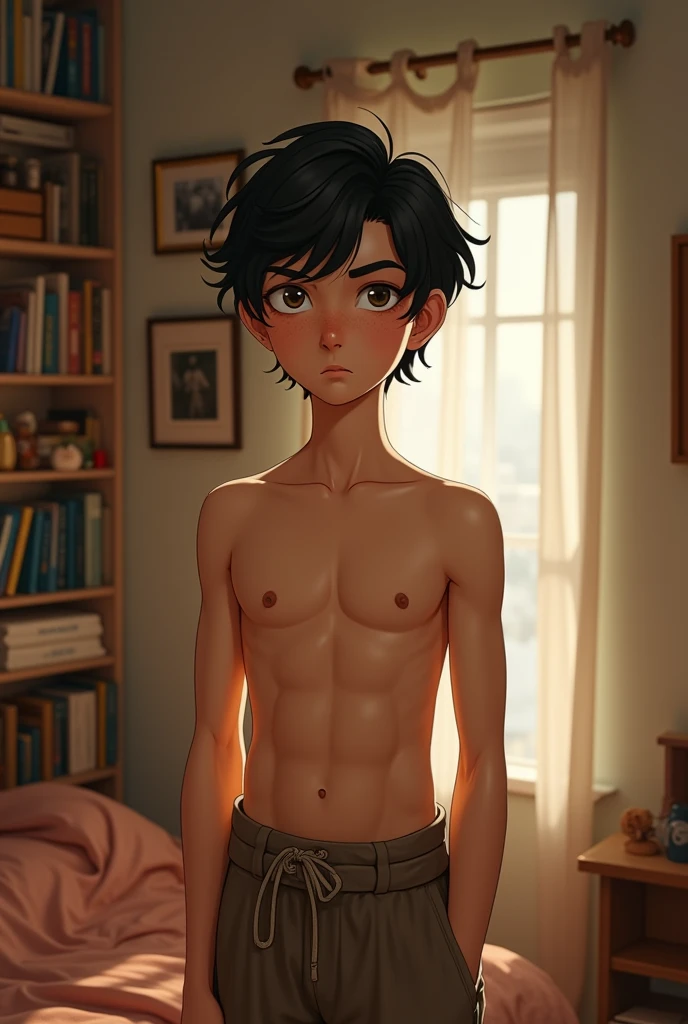Tall boy, clear skin, wavy black hair, serious expression, Without beard, moles on the face, wide trousers, shirtless, In his bedroom