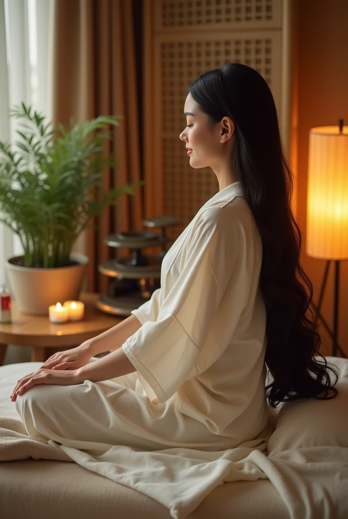 A photo of a Japanese woman with large breasts receiving a massage at home.