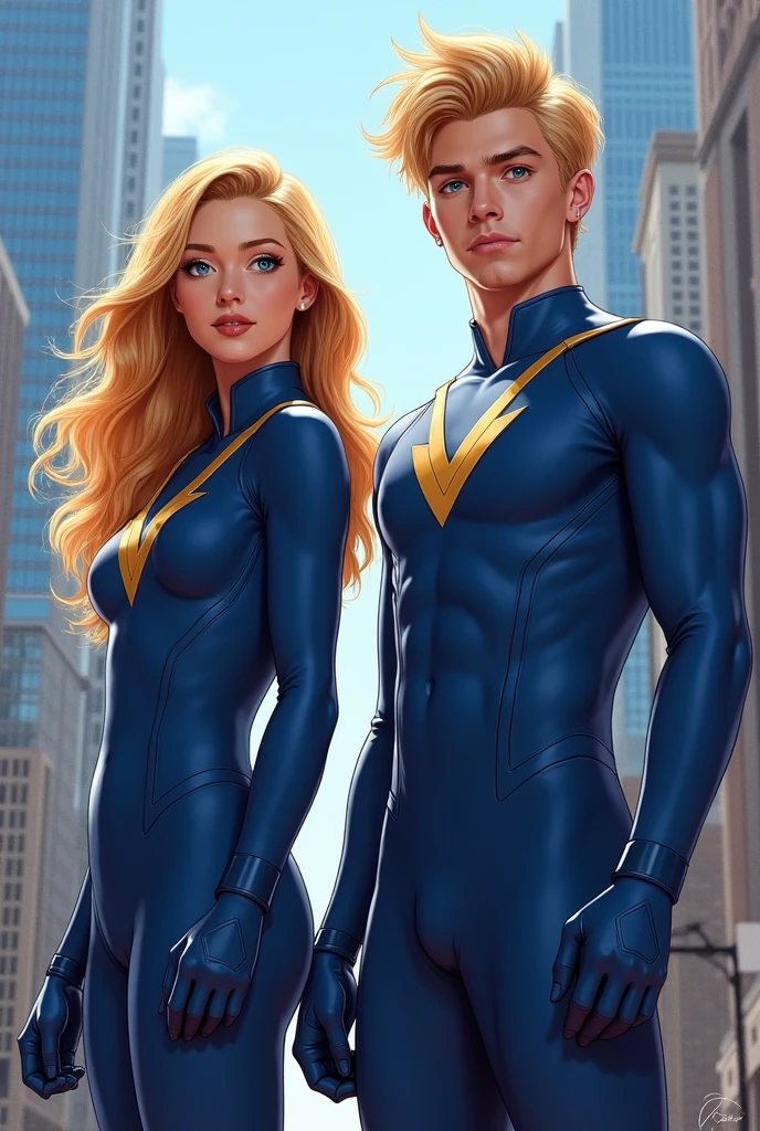 Crie uma imagem que mostre wool Storm e Johnny Storm juntos como membros de um quarteto. wool, a young blonde woman of 19 years old with honey-colored eyes, She wears a blue uniform with the 'V' emblem on her chest. Johnny, with a face similar to actor Jacob Tremblay, blonde hair and light blue eyes, He is 24 years old, He wears an identical blue uniform, But with the 'F' emblem on his chest. They are side by side in a confident and heroic pose, ready for action. The background scene can be a modern city, Highlighting the unity and strength of the two characters as part of the same team."