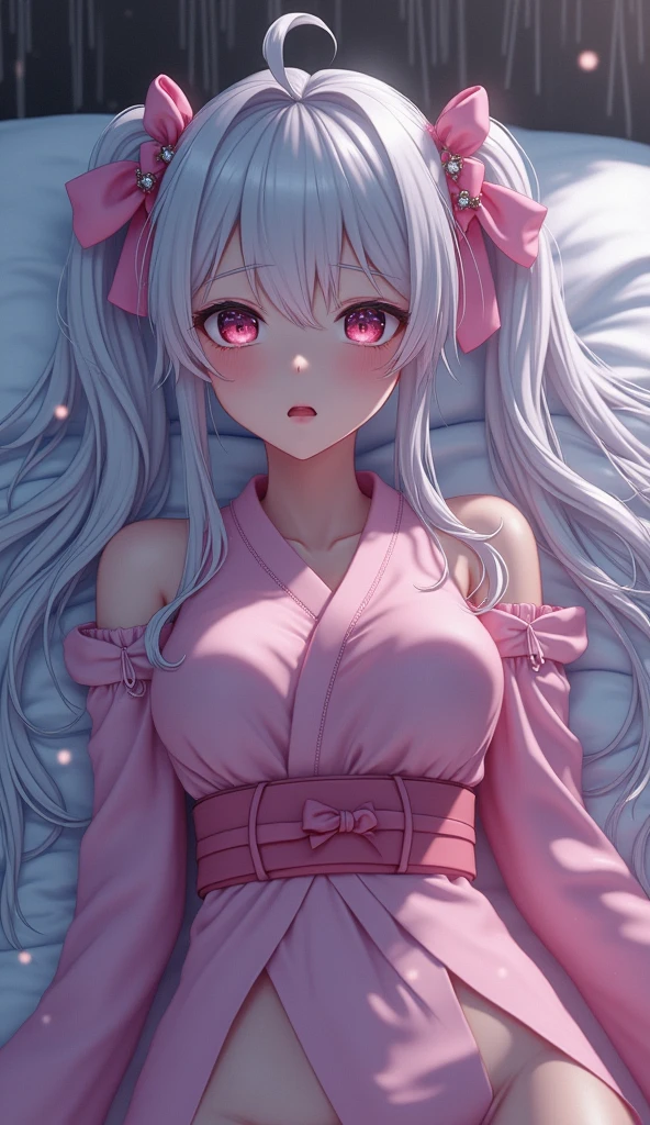 photorealistic,Realistic illustration in Modelshoot style,((masterpiece)),((The best quality)),((Ultra Quality)),((ultra detailed)),((1girl long white hair)),((Only)),((waifu:1.5)),Perfect anatomy,perfect hands,beautiful cuerpo,beautiful_method,ulzzang-6500-v1,e-chica,((Exceptionally Beauty Waifu Princess Nezuko Kamado)),Bamboo, Gag, Hair (brown), Plaid Belt, Gag, Gag, Gradient Hair, Hair Ribbon, Haori, Japanese Clothing, Very Short Kimono, showing her underwear, big boobs, Long Hair, Looking at the Audience, Multicolored Hair, Pink Eyes, Very Short Pink Kimono, showing her bra, Pink Ribbon, Ribbon, Solo, Forehead, lying on the bed, showing her , moaning, Cute puffing cheeks, seducing, Eyes wide, slim waist, sexy posing, slim tight,,((bright-pink_eyes)),long wavy hair, ((white hair)),hair clips,eyeliner,cute makeup,lipstick,Glossy lipstick,with a look of terror, worry and sadness,((eyes detallados perfectos)),rainy with fog outside,evening,pink theme,bioluminiscencia,light particles,((Extremely CG Unity 8K Wallpaper)),((cinematic lighting,Best quality lights)),intricate details,Suave,sharp focus,Extremely beautiful and aesthetic,Octane rendering,Full length portrait,damp skin,((Perfect detailed body)),