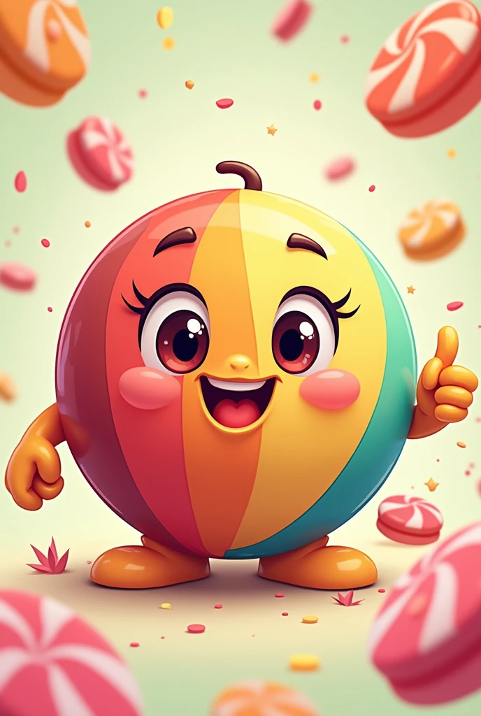 I would like an illustration of a mascot that evokes colorful chocolate (rot, yellow, blue and green) being round like a ball but maintaining the originality and being simpler