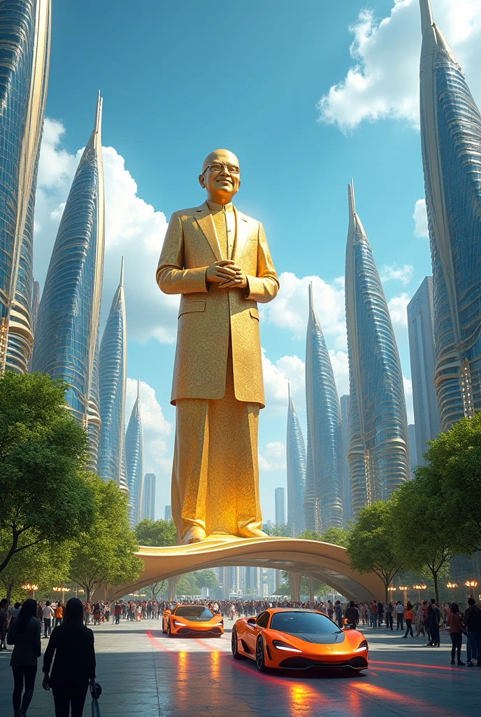 Create a futuristic cityscape of Bangladesh in the year 2140. Central to the scene is a massive, golden statue of Dr. Muhammad Yunus with his name below, towering over the city. The city features advanced, sleek skyscrapers, add flying car, and lush green spaces integrated into the architecture. The statue is intricately designed with futuristic elements, including holographic projections and glowing effects. The overall atmosphere is bright and optimistic, with people in futuristic attire interacting with advanced technology and lot of flying car