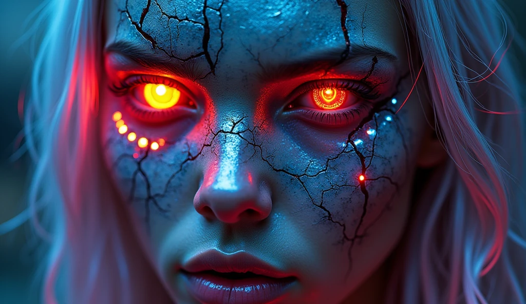 "A close-up of a cyberpunk-inspired face, combining human and mechanical elements. The skin is cracked and metallic, with neon lights glowing through the cracks. One eye is a glowing cybernetic implant, while the other retains a menacing human glare. The hair is made of sleek, metallic fibers that catch the neon light. The style should be vibrant and futuristic, with a strong contrast between the dark metal and the bright neon lights."