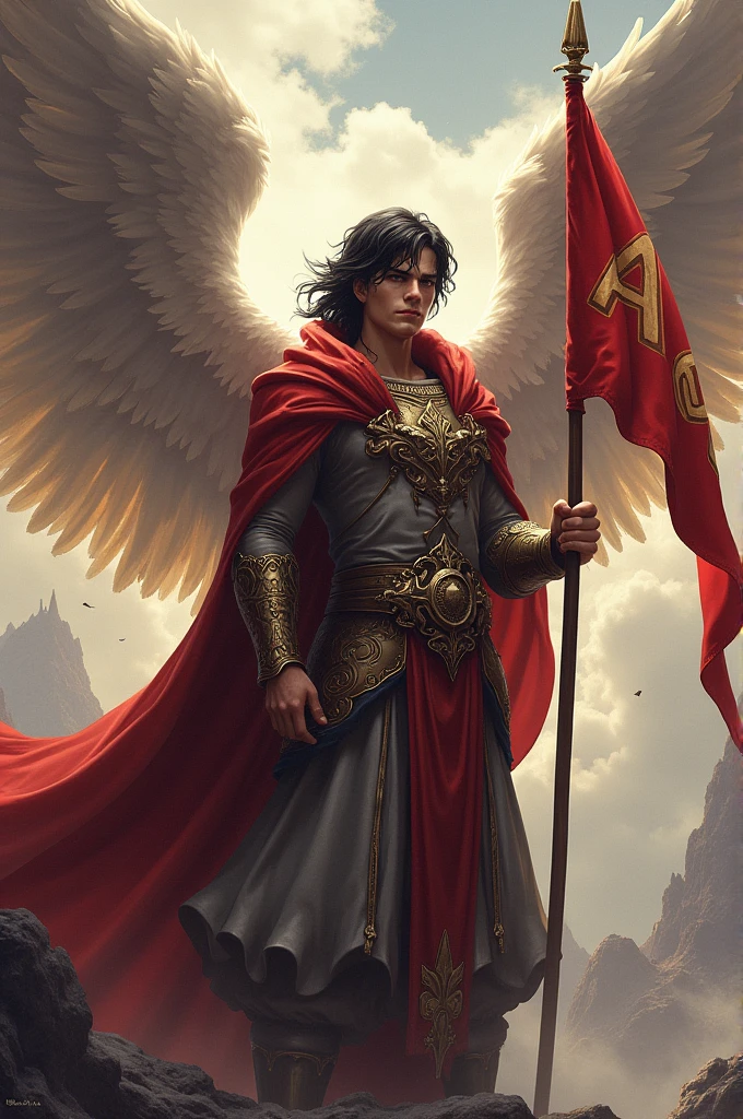((best quality)), ((masterpiece)), (detailed), perfect face. Create an epic piece of art featuring an angel of justice that embodies the essence of a god of war and victory. He has black hair and looks into the camera. He stands gracefully with a waving flag in his right hand with "AoE" written on it. Next to him is a sign that says "King Kodo's Empire"