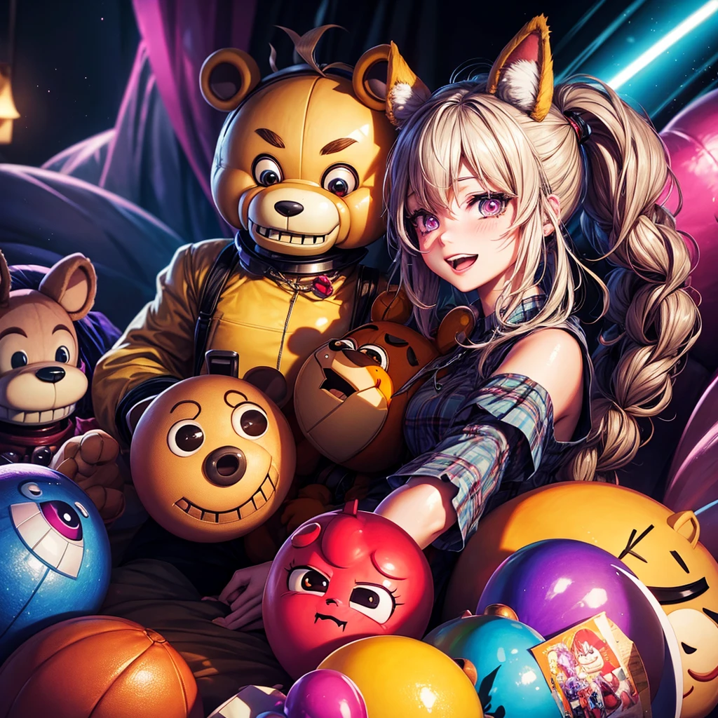 Chica de Five Nights at Freddy's con una larga capa negra, capucha cubriendo su cabeza, Sitting in a building in a mysterious and mysterious atmosphere.