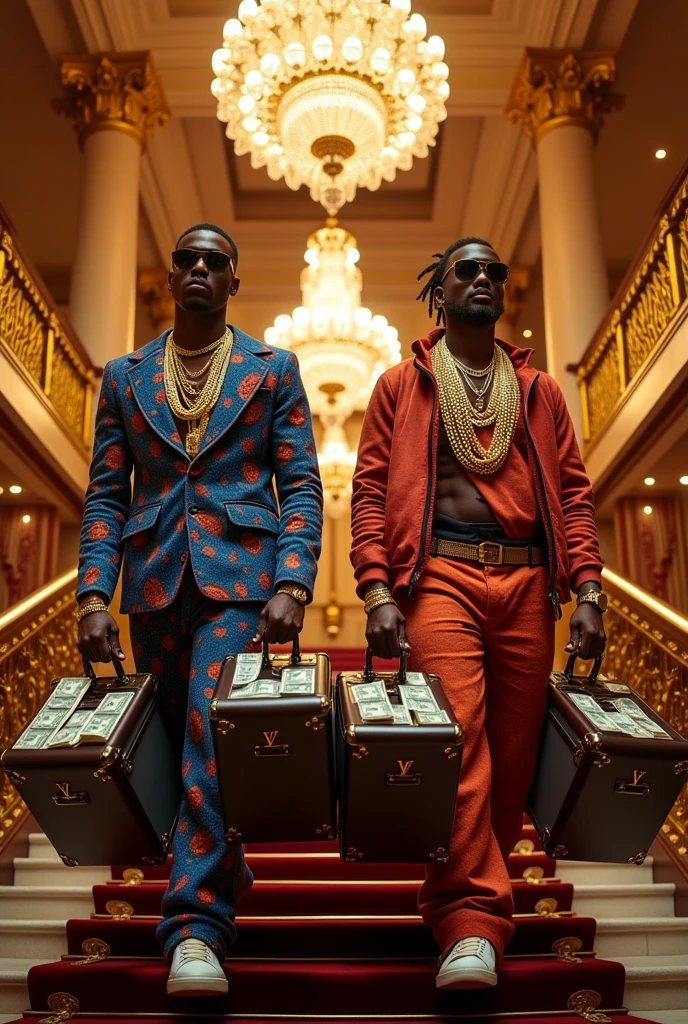 Two rappers with wires around their necks and 4 LV suitcases full of money walking backwards up the stairs of success 