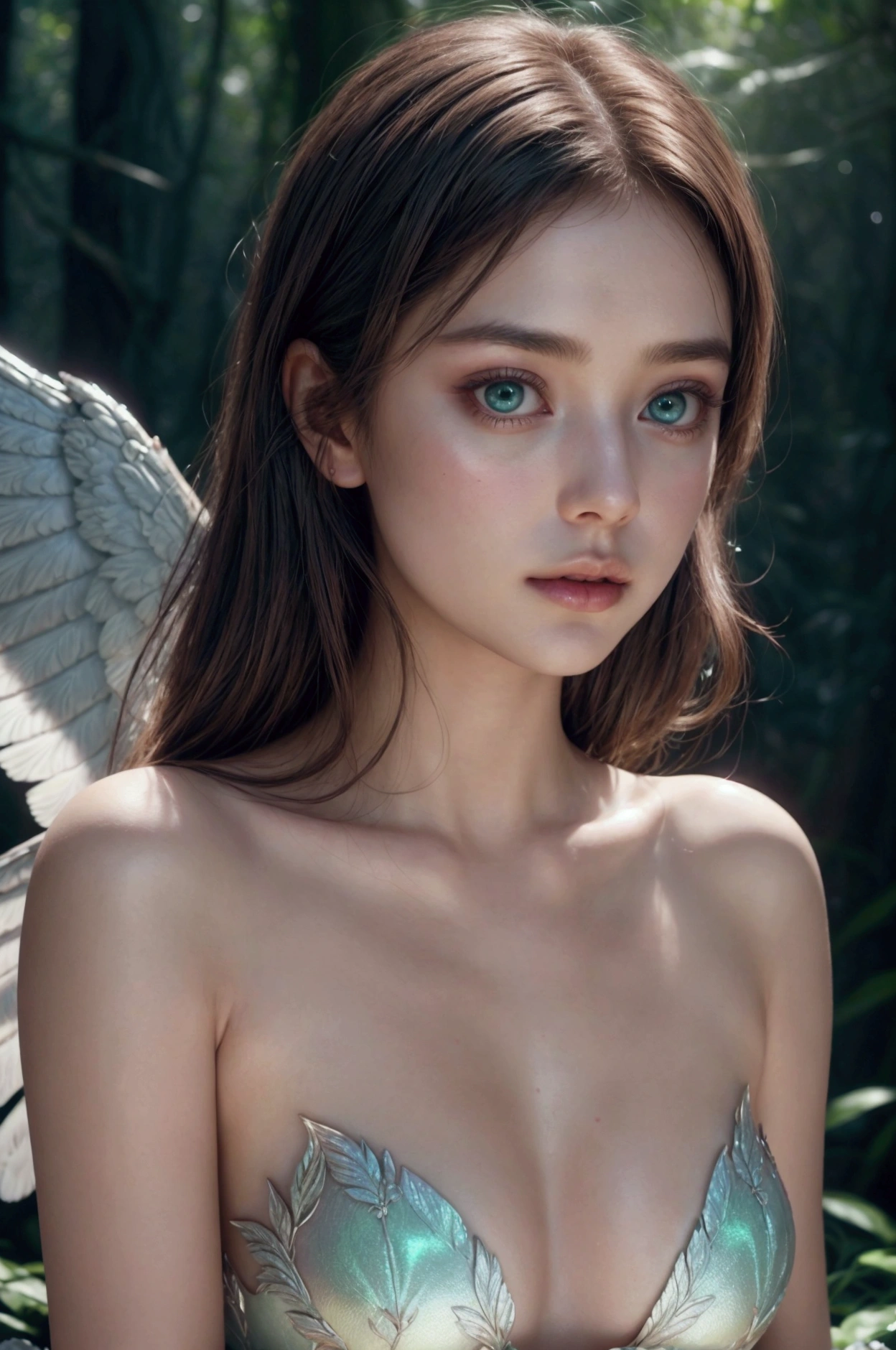 An ethereal female figure with delicate, shining wings, surrounded by radiance, Magical creatures in an enchanted forest. Dispersion of skin in the subsoil., shiny skin, iridescent dress, detailed background, ([Elizabeth Olsen|Anne Hathaway|Selena Gomez]:0.8), beautiful round face, green eyes, close up, amazing fine detail, Nikon D850 Film Stock Photography Kodak Portra 400 f1 Camera.6 lenses, Rich colors, realistic texture, dramatic lighting, unreal engine, trend in artstation, CineStill 800 Tungsteno
