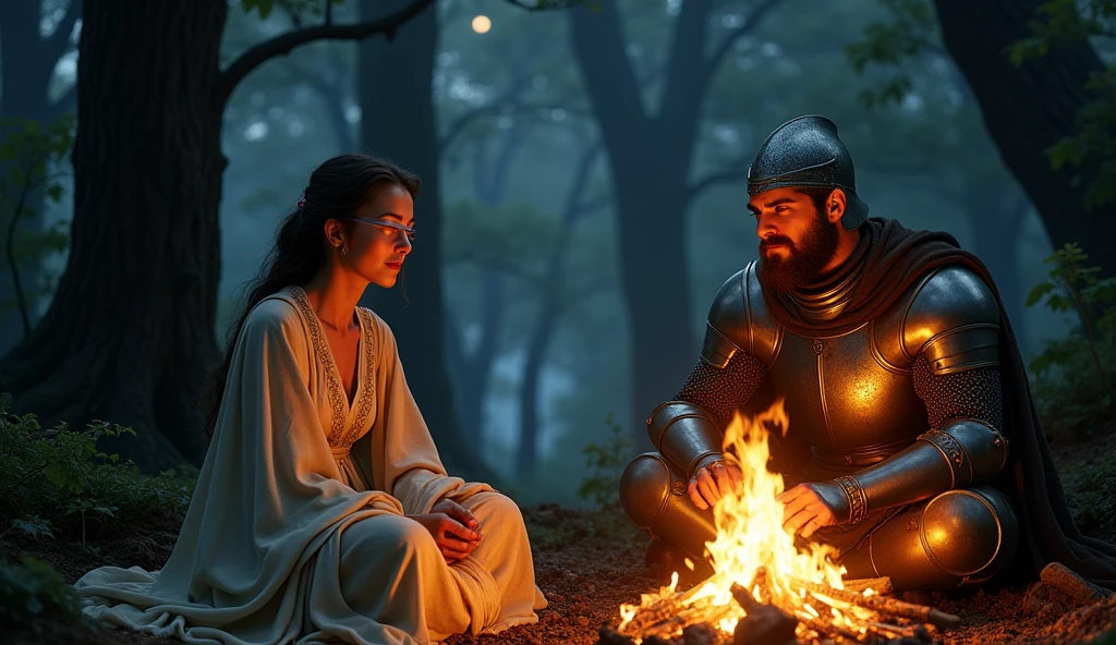 Draw a picture of two people:a blindfolded in your eyes woman and a 
men knight helmet closed, sitting by a fire at night in a forest. fantasy, middle-earth, draw,
