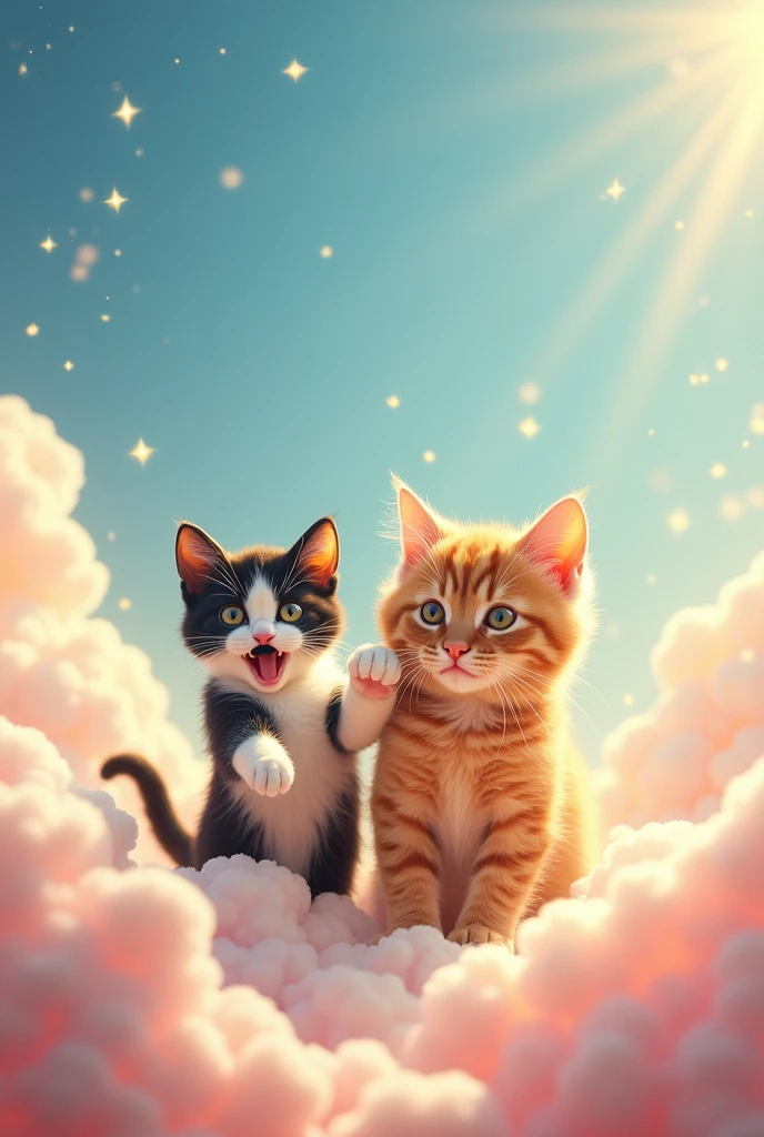 Kitten tuxedo cat with black mustache and adult orange cat playing in heaven