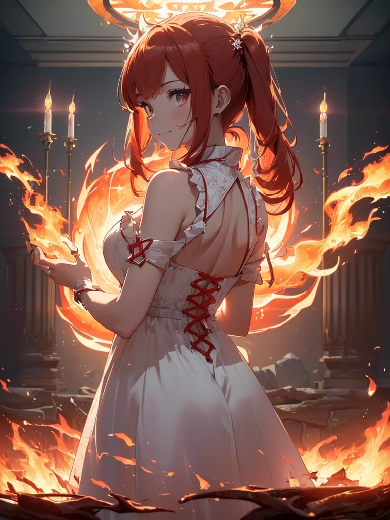 (((best quality, sharp image, clear image, cinematic lighting, 8k resolution, masterpiece, ultra detailed, intricate))) Girl, (((looking over left shoulder))), (shot from behind), ((half shot)), fiery red hair, pigtails, ((white dress)), ((flaming sigils, flaming runes)), spiky rock formations, (flaming lotus flowers frame), (intricate background), ((Phoenix)), (swirling flames), smiling