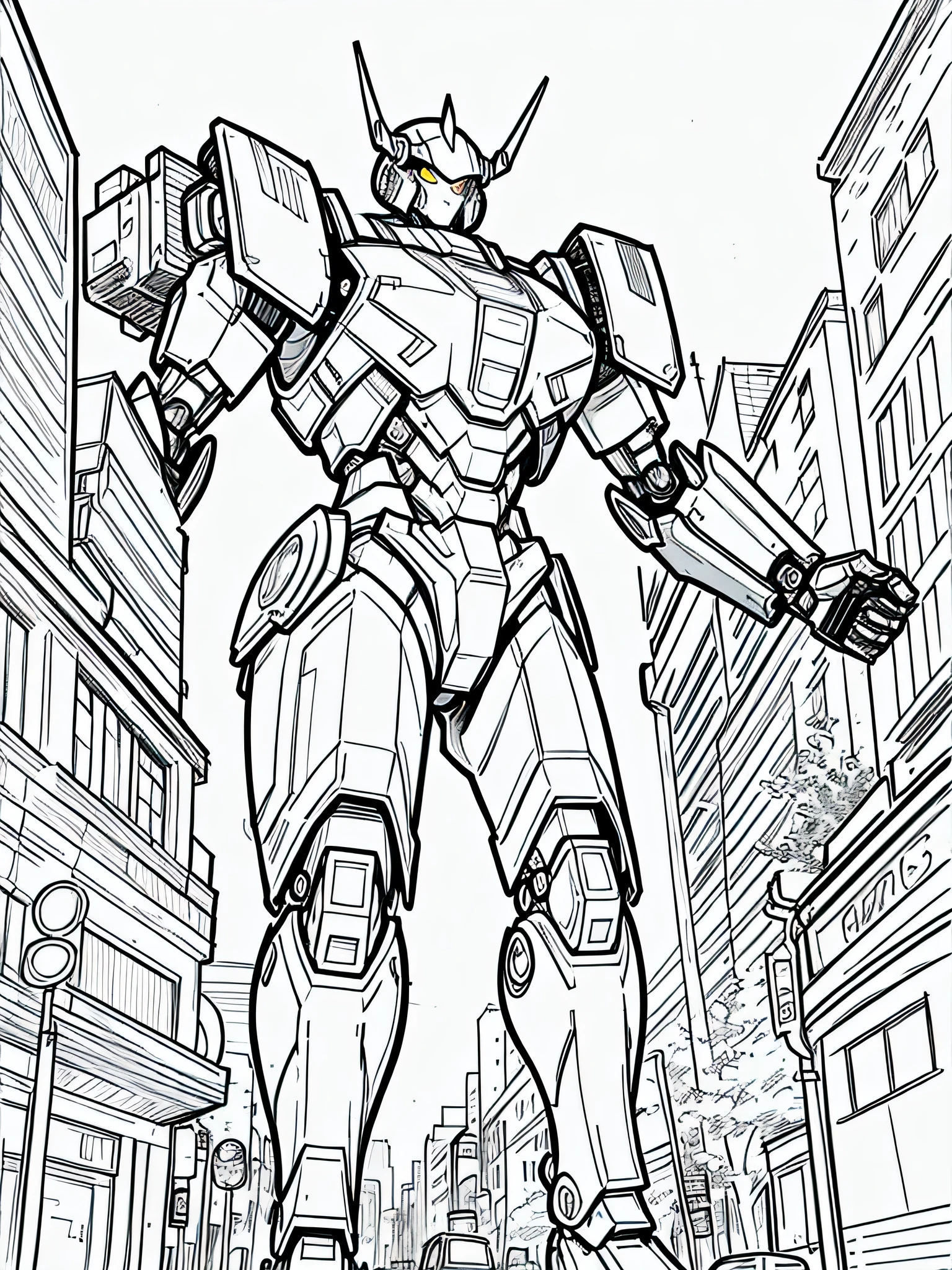 masterpiece, Best Quality, a giant mecha in the city action pose, closeup Line art, monochrome, clean lines, black and white, his summer, coloring book page,