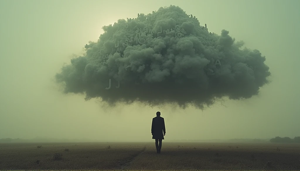 a black and white drawing of a man under a cloud of sadness, Something
