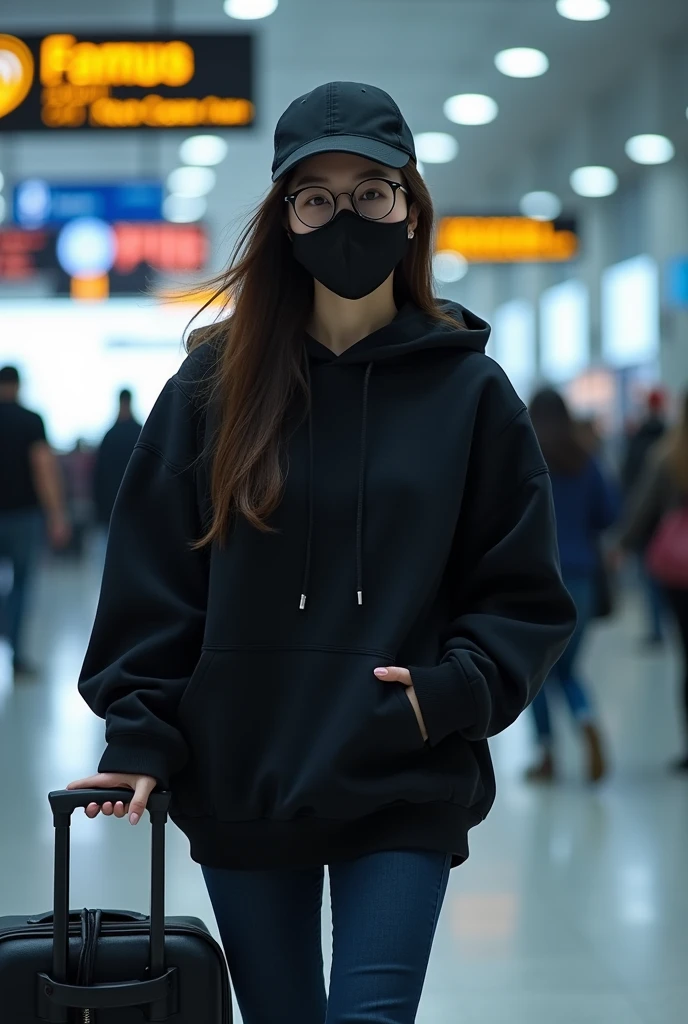 A Korean woman wears a black hoddy and wears a cap, masker and wears glasses and is walking in the airport with a suitcase
