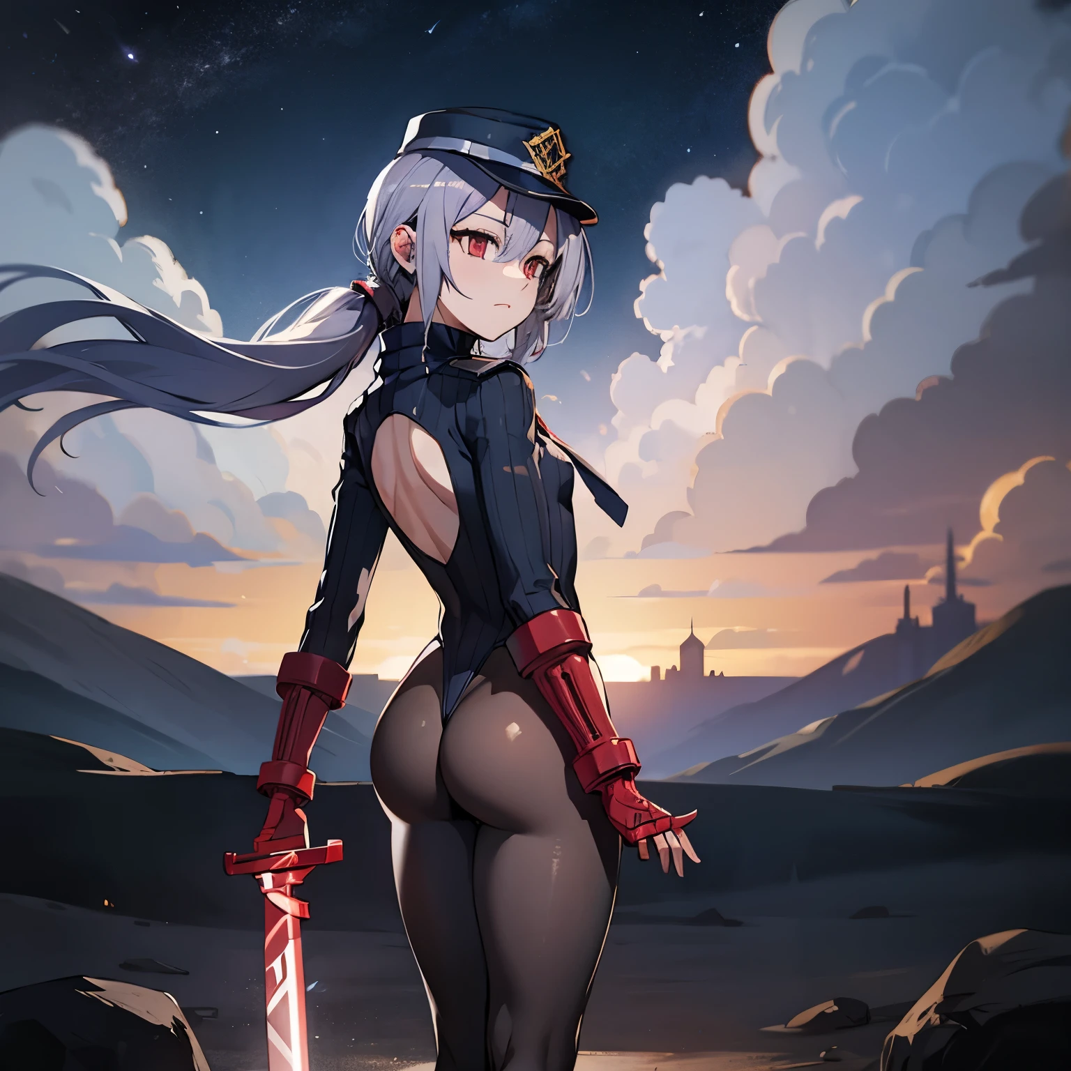 best detailed, Highly detailed,Beautiful body,Beautiful Nose,perfect eyes,perfect face,ultra highres,beautiful legs,Perfect hands,Masterpiece,illustration,,perfect anatomy,street fighter,doll suit,shadaloo doll,dollsuit,expressionless,empty eyes,blank eyes,red gloves,boots,emotionless,black latex,corruption,mind control,female combatant,hypnotized,unhappy trance,full body suit,obey,extremely glossy latex,hypnosis,hypnoLora,Slave,necktie,yellow tie,military,dark persona,full body,(((from back, small ass))),(((pixel-perfect, detail-perfect))),solo,(roze),1girl,silver hair, long hair, twintails, hair between eyes, red eyes, black cap, twin black muffler,black scarf,((dark pantyhose)),(((sword))),red sword, (holding the sword), city background, night sky