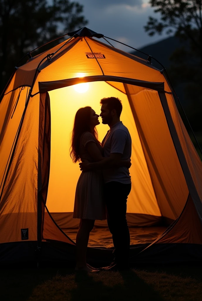 A camping tent set up at a campsite,Silhouettes of a man and woman hugging are reflected in the tent.,