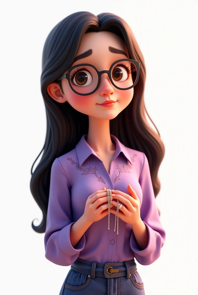 one ,Caucasian skin,shy smile,wearing small glasses,long dark brown hair, wearing a purple blouse,white background, Jewelry Giving,Pixar-style, ..3d, Cartoon s, face detailed, asymmetric 16k