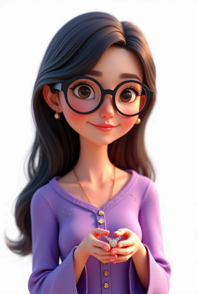 one  ,Caucasian skin,shy smile,wearing small glasses,long dark brown hair, wearing a purple blouse,white background, Jewelry Giving,Pixar-style, ..3d, Cartoon s, face detailed, asymmetric 16k