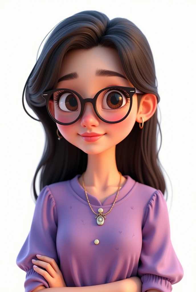 one ,Caucasian skin,shy smile,wearing small glasses,long dark brown hair, wearing a purple blouse,white background, Jewelry Giving,Pixar-style, ..3d, Cartoon s, face detailed, asymmetric 16k