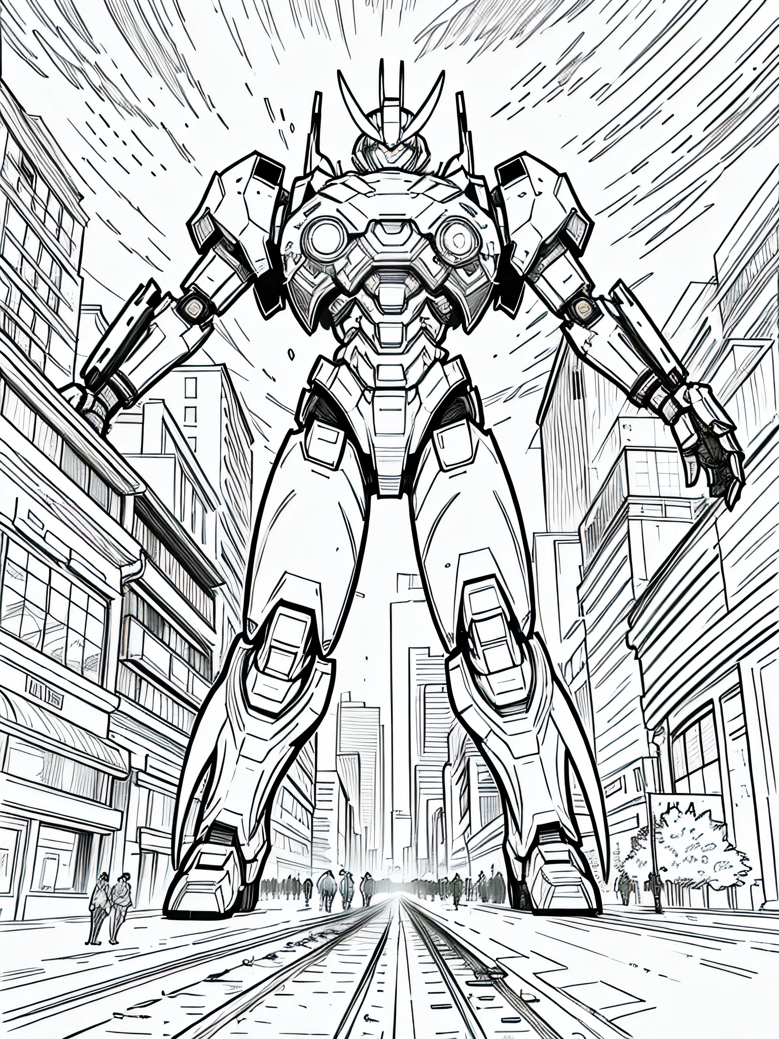 masterpiece, Best Quality, a giant mecha in the city action pose, closeup Line art, monochrome, clean lines, black and white, his summer, coloring book page,  