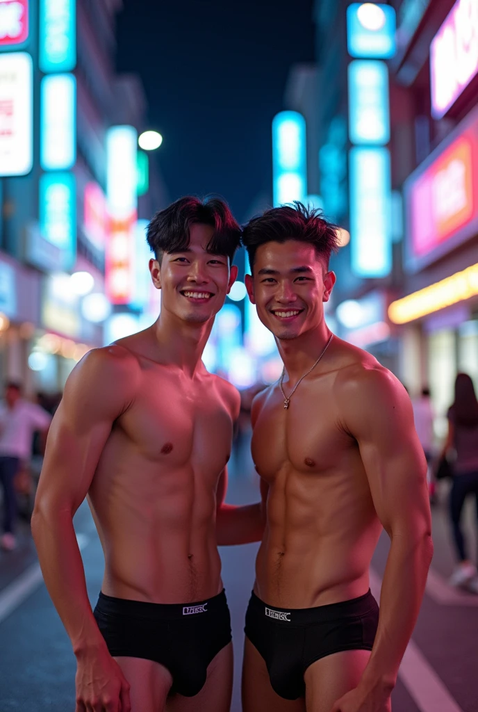 Two boys, Korean, Male focus, upper body, handsome, idol, K-pop, in the street, bang, muscle，sexy, thong underwear, abs, topless, city