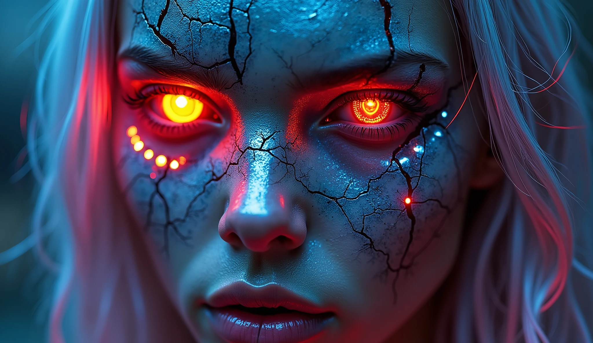 "A close-up of a cyberpunk-inspired face, combining human and mechanical elements. The skin is cracked and metallic, with neon lights glowing through the cracks. One eye is a glowing cybernetic implant, while the other retains a menacing human glare. The hair is made of sleek, metallic fibers that catch the neon light. The style should be vibrant and futuristic, with a strong contrast between the dark metal and the bright neon lights."