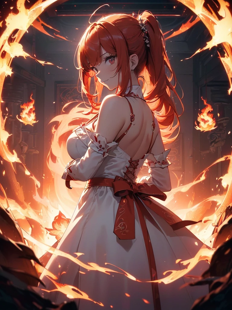(((best quality, sharp image, clear image, cinematic lighting, 8k resolution, masterpiece, ultra detailed, intricate))) Girl, (((looking over left shoulder))), (shot from behind), ((half shot)), fiery red hair, pigtails, ((white dress)), ((flaming sigils, flaming runes)), spiky rock formations, (flaming lotus flowers frame), (intricate background), ((Phoenix)), (swirling flames), smiling