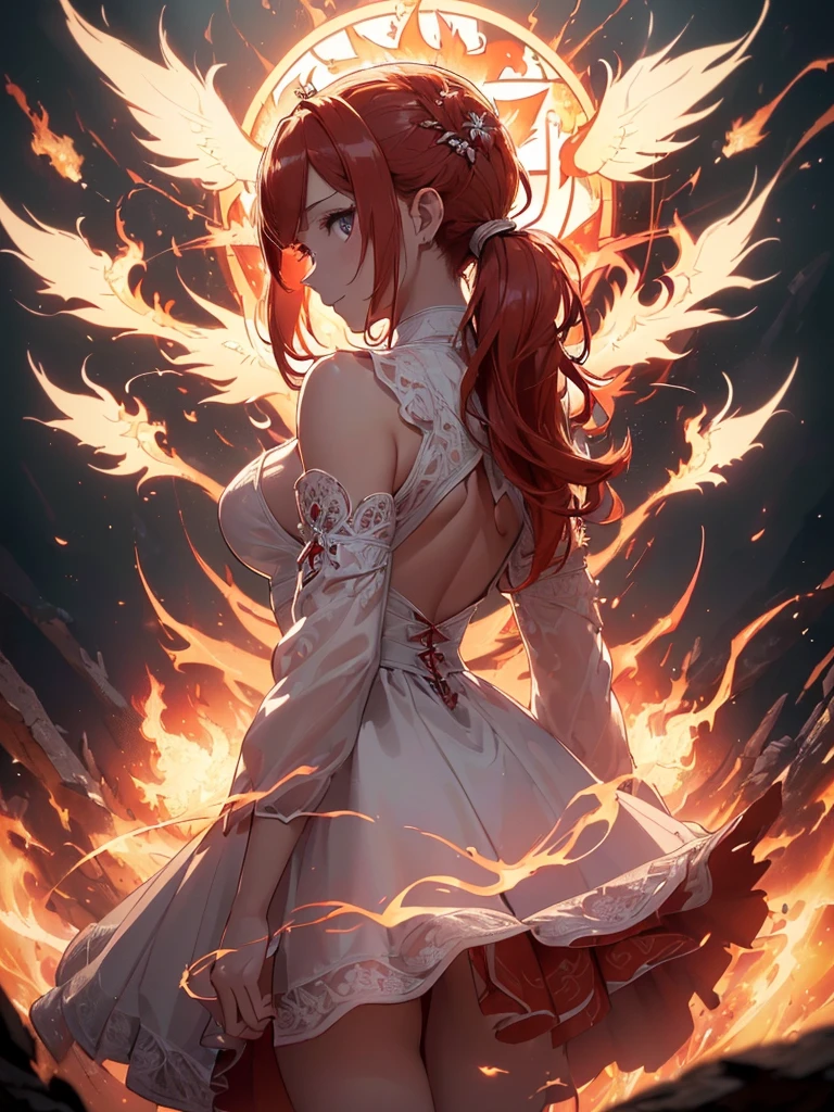 (((best quality, sharp image, clear image, cinematic lighting, 8k resolution, masterpiece, ultra detailed, intricate))) Girl, (((looking over left shoulder))), (shot from behind), ((half shot)), fiery red hair, pigtails, ((white dress)), ((flaming sigils, flaming runes)), spiky rock formations, (flaming lotus flowers frame), (intricate background), ((Phoenix)), (swirling flames), smiling