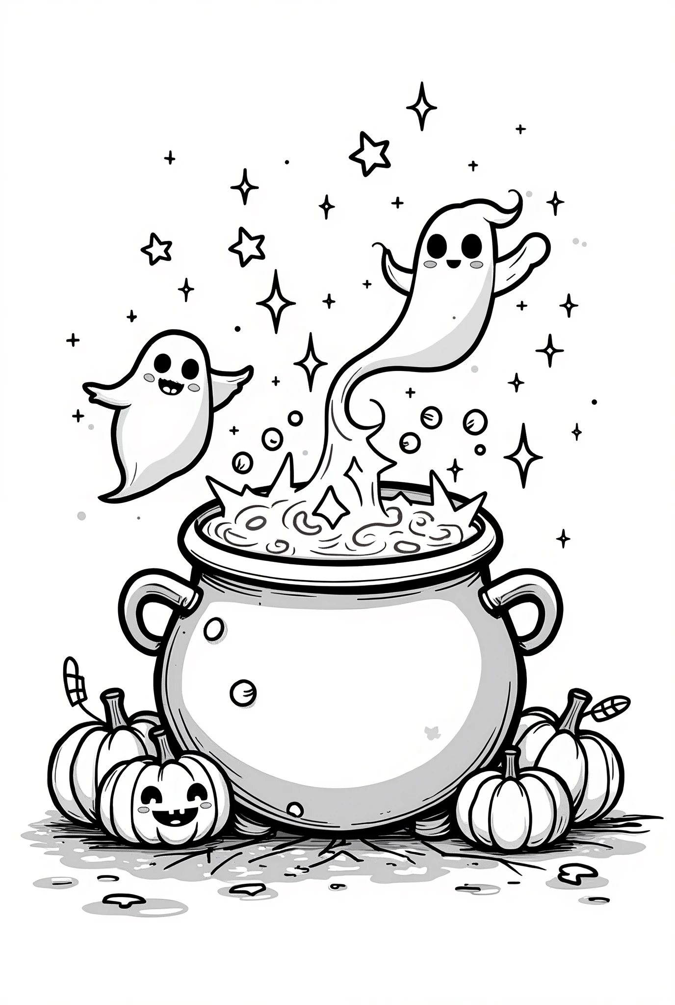 Cute and kawaii halloween magical potion spilling into a cauldron on fire coloring Page, simple for ddlers,bold and easy, black bold lines White background, for a coloring book black and white, líne art, only outlines, but the design is simple and bold, no greyscale
