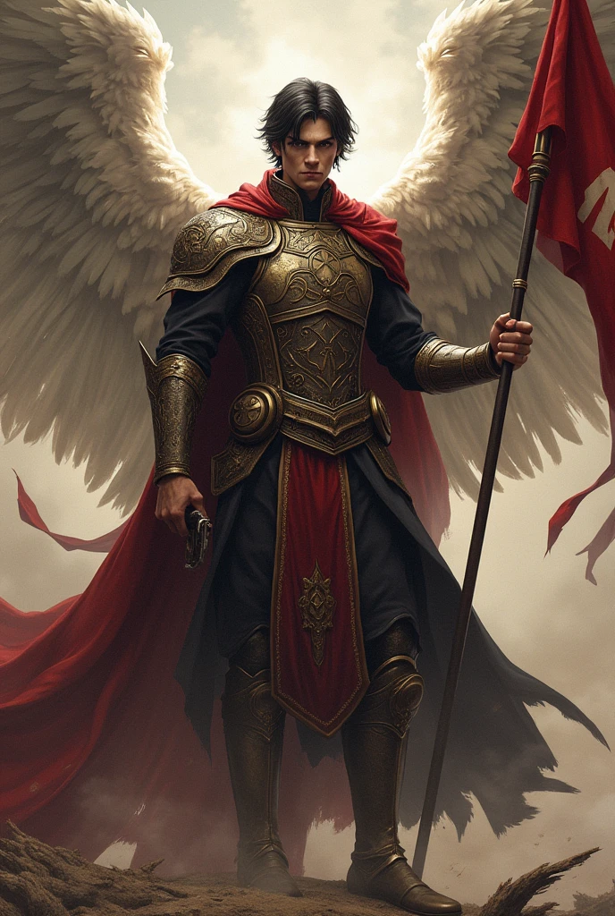 ((best quality)), ((masterpiece)), (detailed), perfect face. Create an epic piece of art featuring an angel of justice that embodies the essence of a god of war and victory. He has black hair and looks into the camera. He stands gracefully with a waving flag in his right hand with "AoE" written on it. Next to him is a sign that says "King Kodo's Empire"