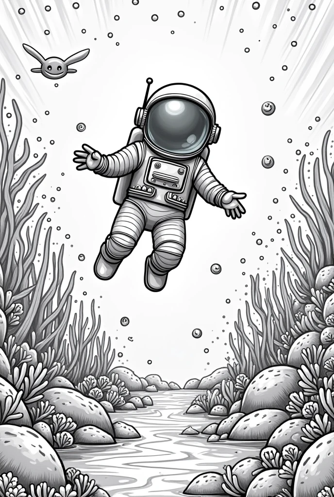 Astronaut coloring page in a water-filled planet, low-angle view, black and white