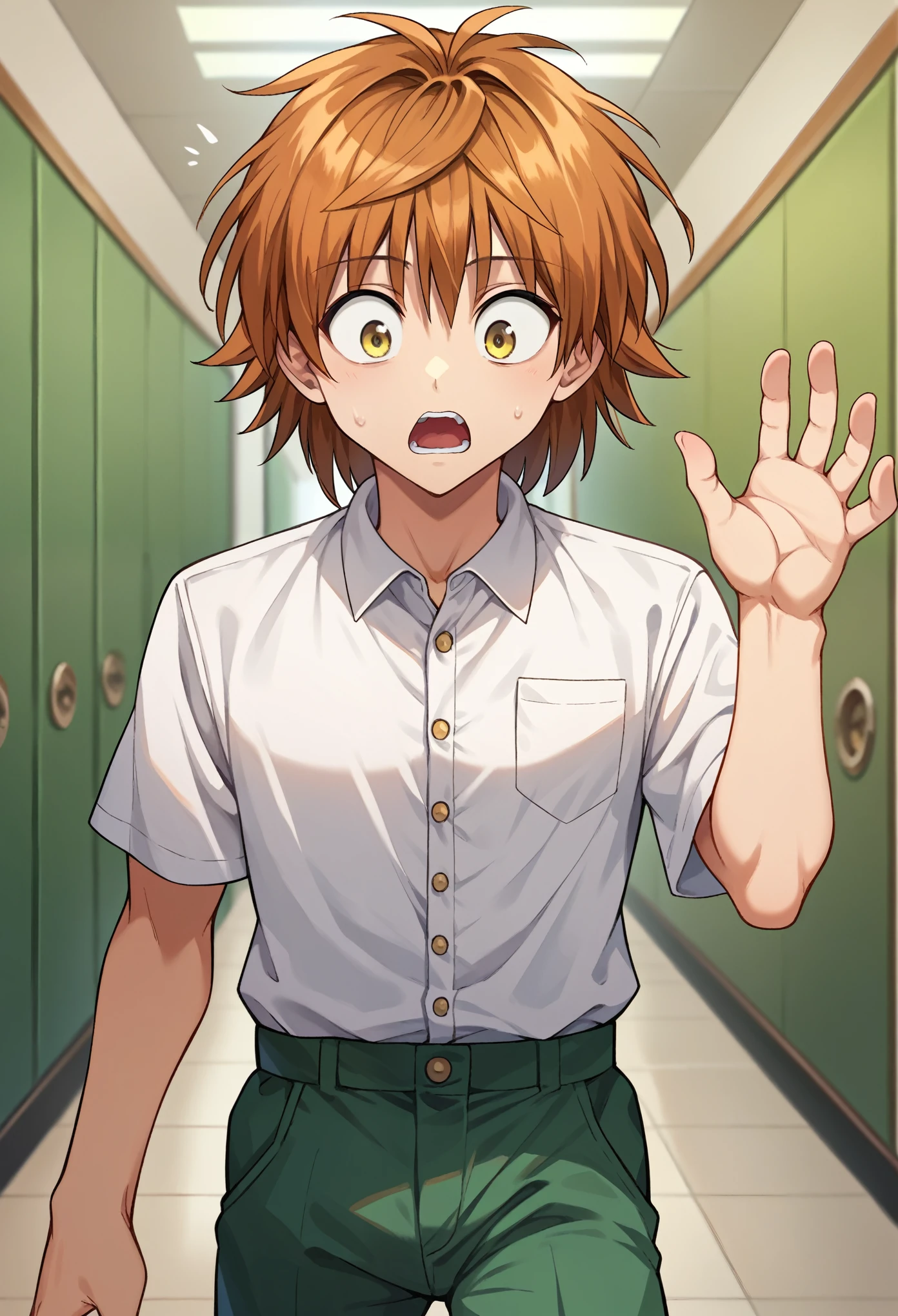 score_9, score_8_up, score_7_up, 1boy, solo, yuusaki riko, yellow eyes, brow hair, medium hair, spiked hair, white shirt, buttons, short  slevees, green pants, standing, medium breasts, surprised, normal surprised, looking down, school, hallway